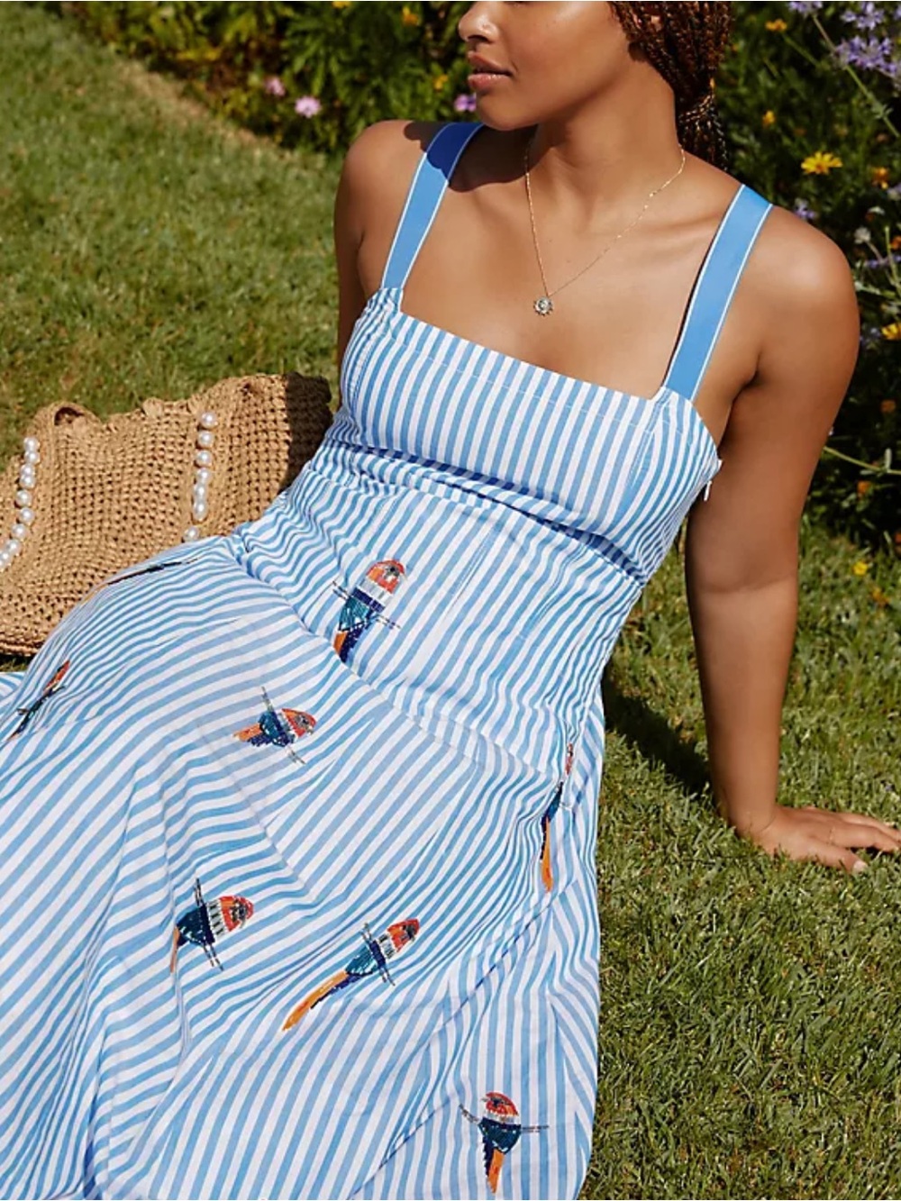 Anthropologie Maeve Parrots Tie-Back A-Line Dress Size 2 US Cotton Striped Maxi - Picture 2 of 12